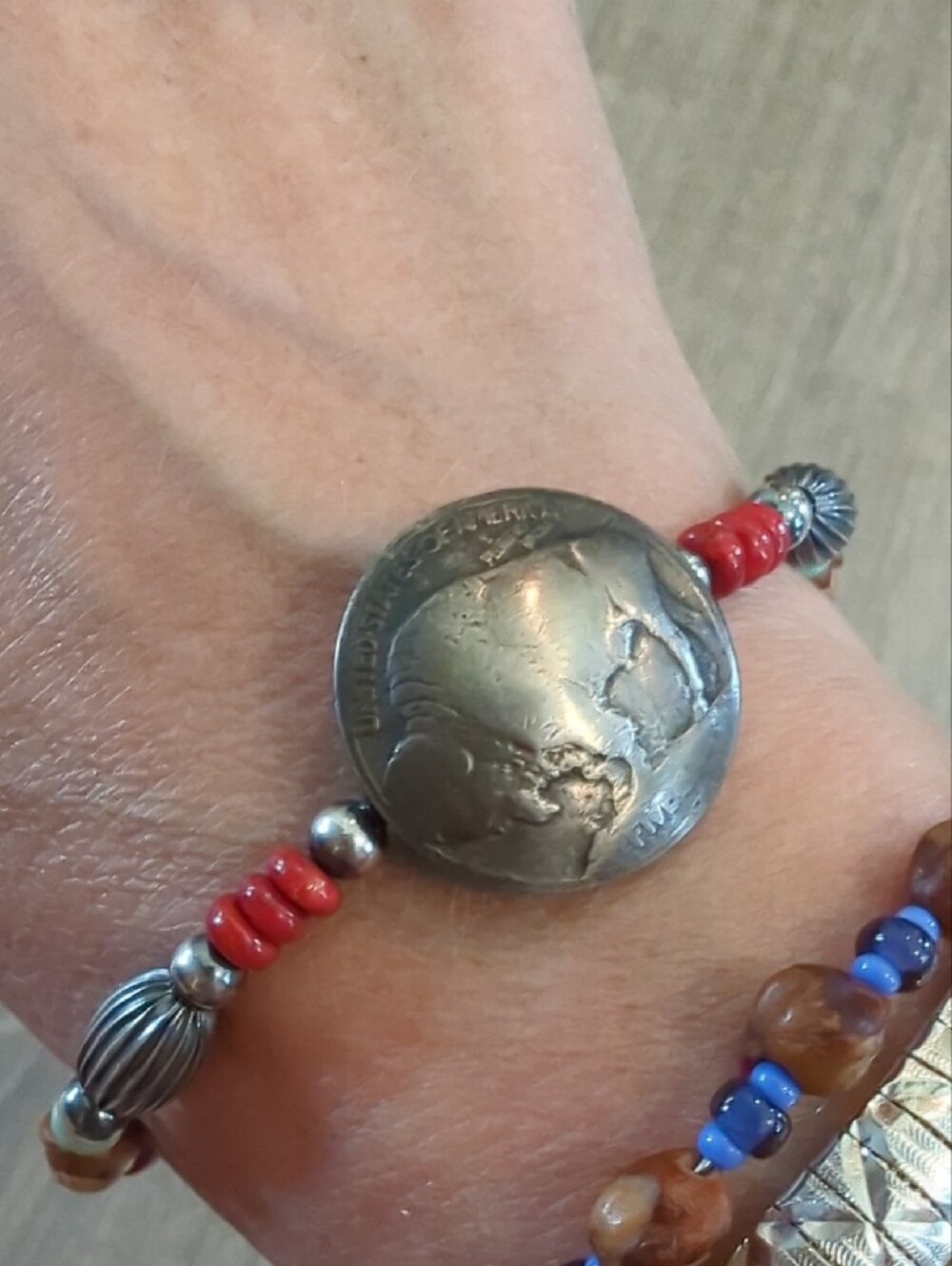 Navajo Handmade Buffalo Nickel Sterling Apple Coral Ghost Bead Bracelet - Picture 11 of 11
